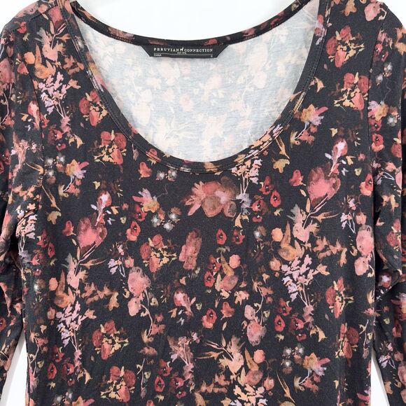 Peruvian Connection Small Midi Dress Black Floral Potpourri Pockets Stretch Boho - Picture 4 of 12